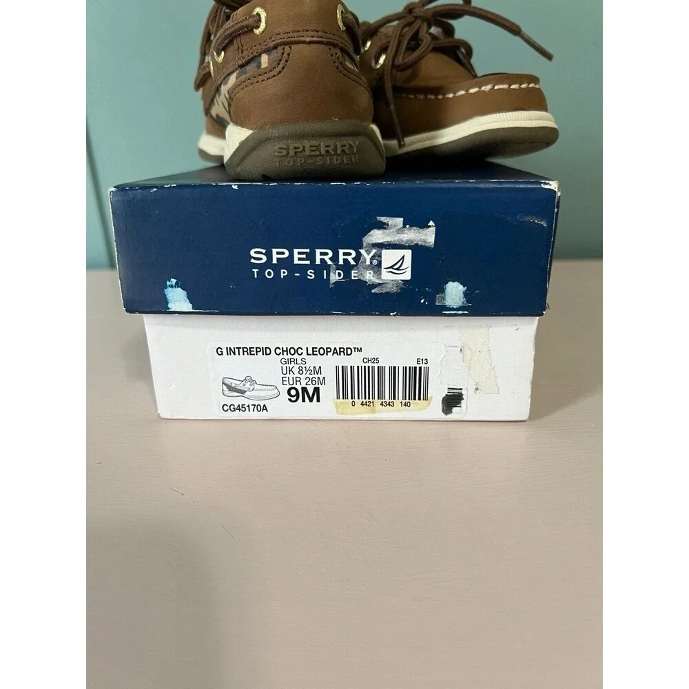 Sperry Top-Sider Girls Leopard Print Brown Boat Shoes Lace Up Comfort Size 9M